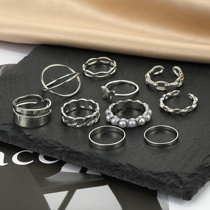 10 Pcs Vintage Gothic Butterfly Pearl Rings Set - Zi Collection Hub