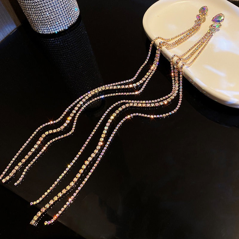 925 silver needle and diamond long tassel earrings - Zi Collection Hub