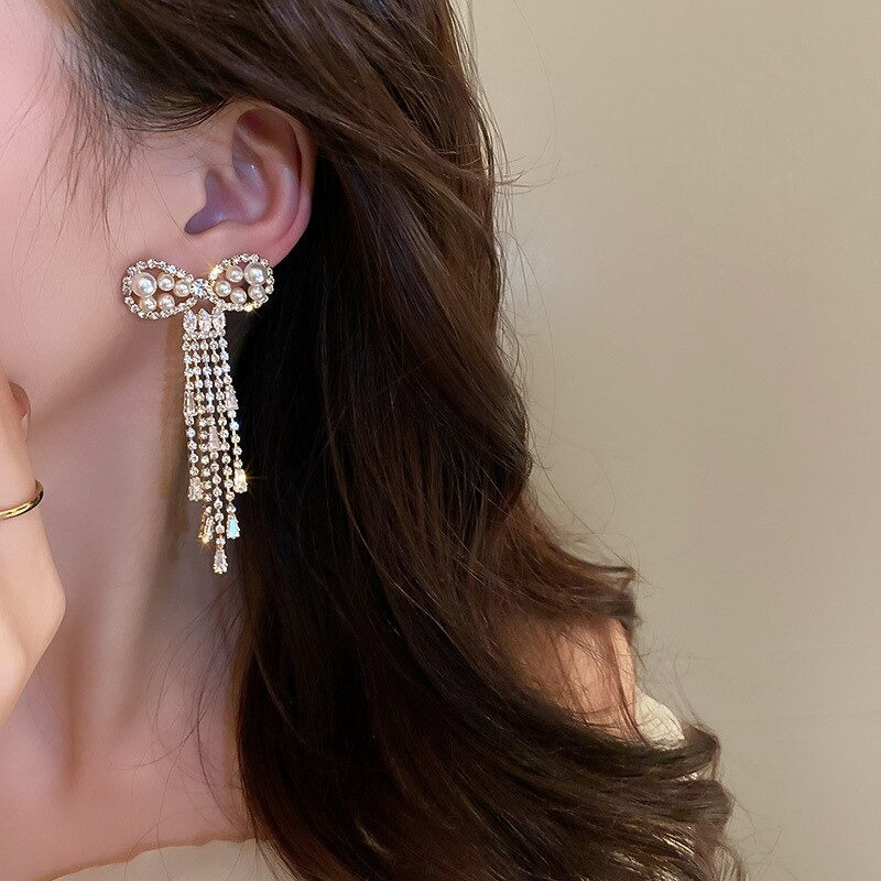 Pearl Bowknot Crystal Tassel Long Earrings - Zi Collection Hub