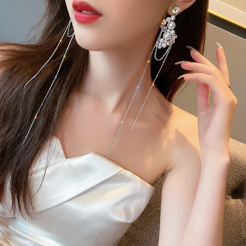 925 Silver Needle Long Pearl Crystal Tassel Earrings - Zi Collection Hub
