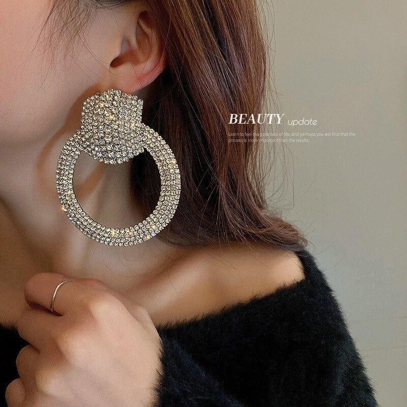 Shiny Rhinestone Big Circle Dangle Earrings - Zi Collection Hub