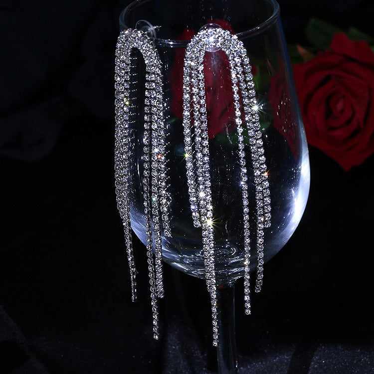 Classic U Design Full Rhinestone Tassel Long Earrings - Zi Collection Hub