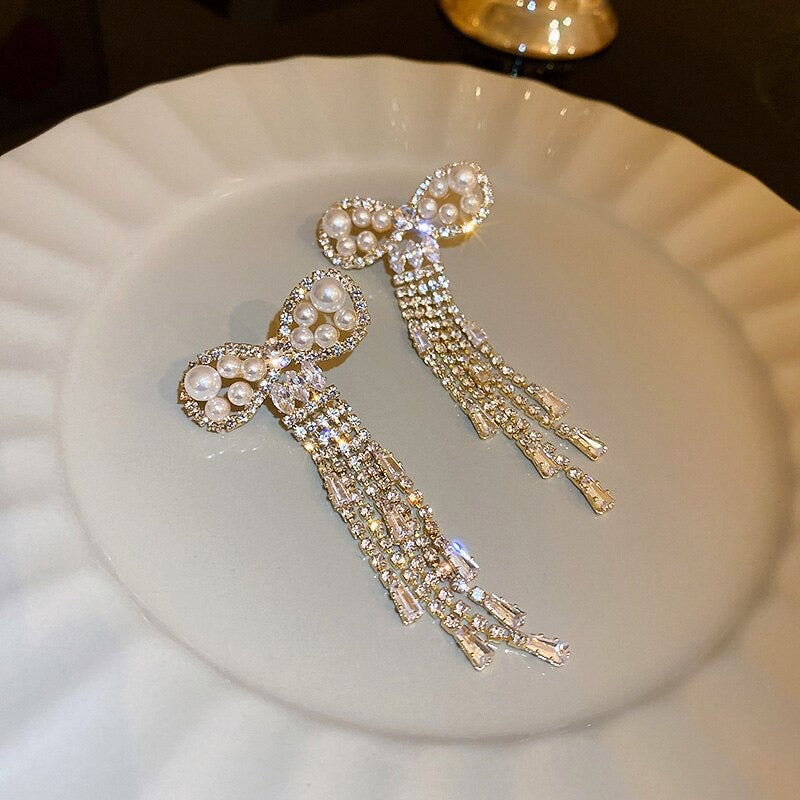 Pearl Bowknot Crystal Tassel Long Earrings - Zi Collection Hub