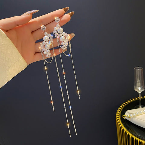 925 Silver Needle Long Pearl Crystal Tassel Earrings