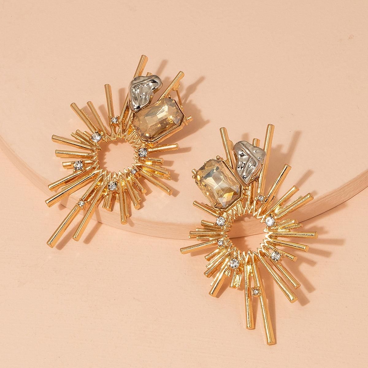 Geometric Gold-Plated Diamond Glass Hollow Earrings - Zi Collection Hub