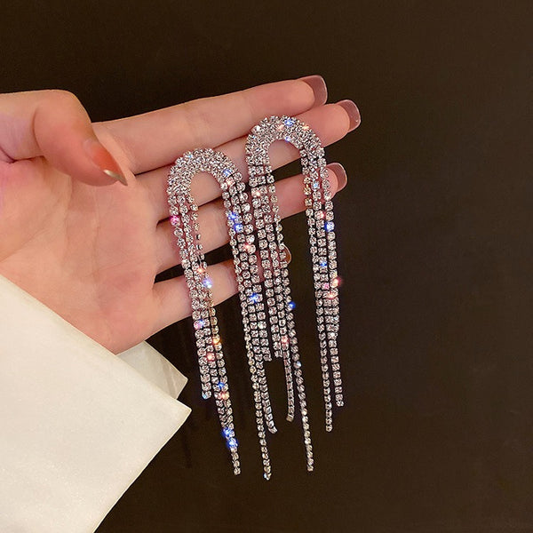 Classic U Design Full Rhinestone Tassel Long Earrings