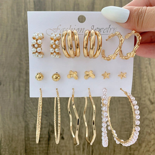 Vintage Geometirc Round Pearl Hoop Earrings Set - Zi Collection Hub