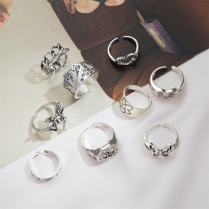 9Pcs Vintage Gothic Butterfly Angle Flower Multi Element Ring Set - Zi Collection Hub