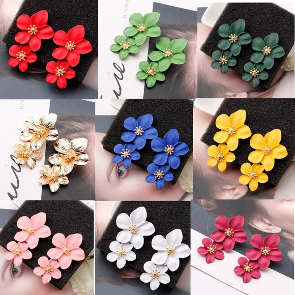 Colorful Double Flower Drop Earrings