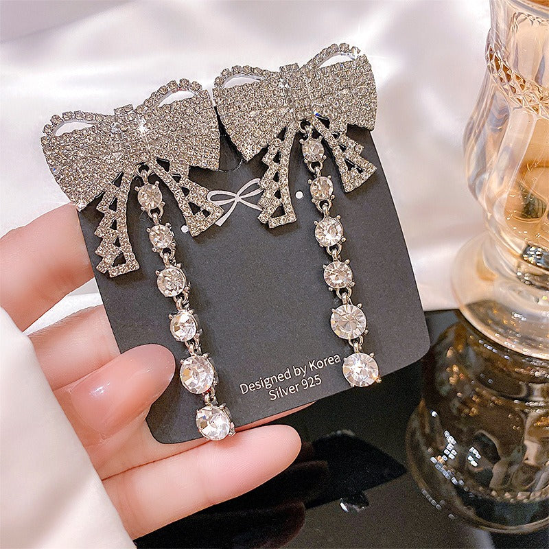 925 Silver Needle Korean Bow Pearl Rhinestone Earrings - Zi Collection Hub