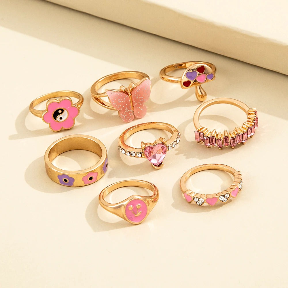 Cute Pink Crystal Rings  8Pcs Set - Zi Collection Hub