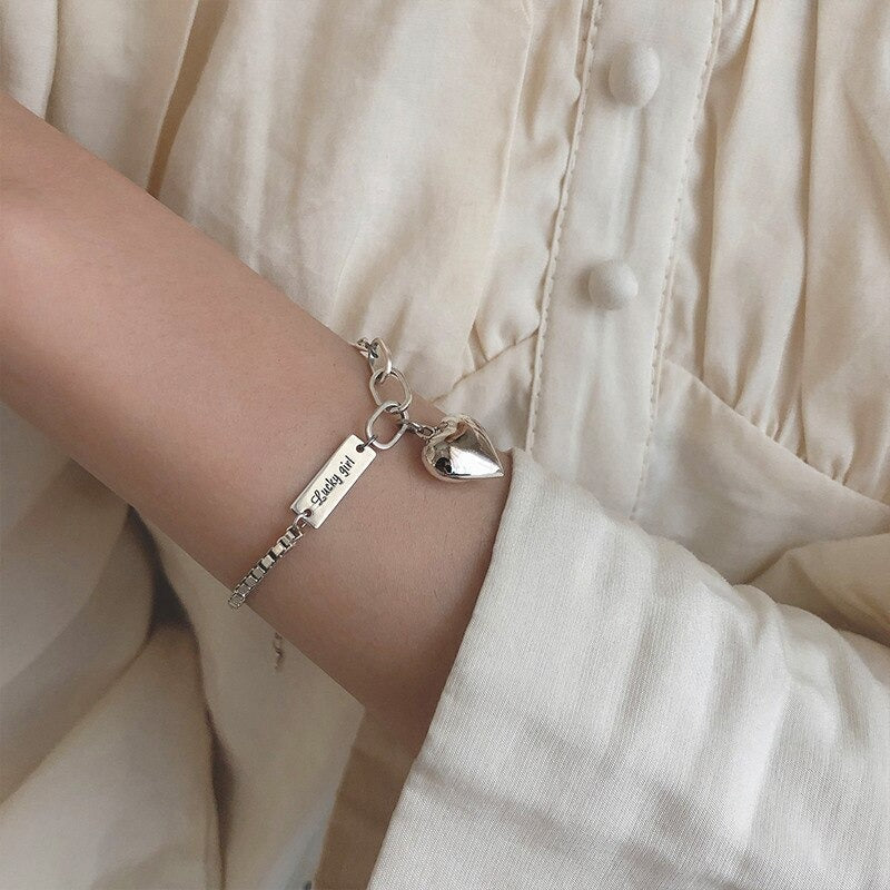 Fashion Punk Silver Color Chain Heart Gemetric Pendant Bracelet