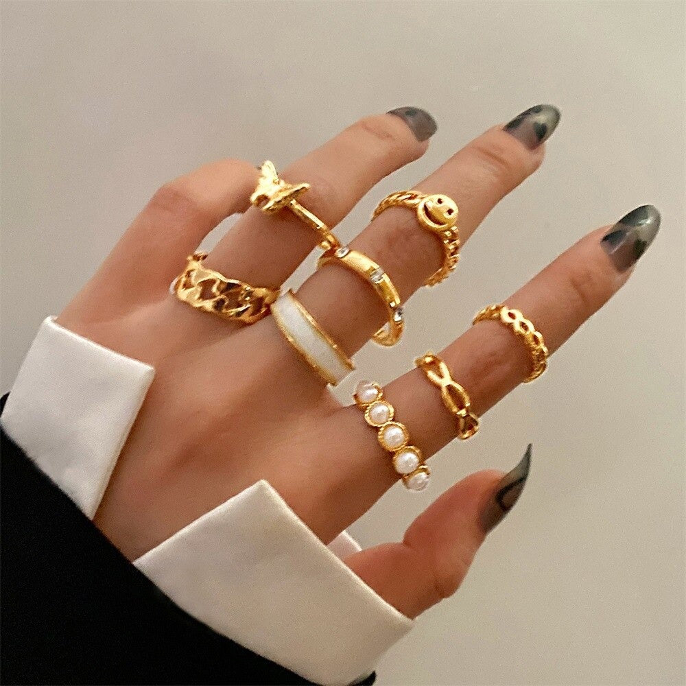 8-pcs Set of Pearl Rings for Women Retro Butterfly Smiley Rings Set - Zi Collection Hub