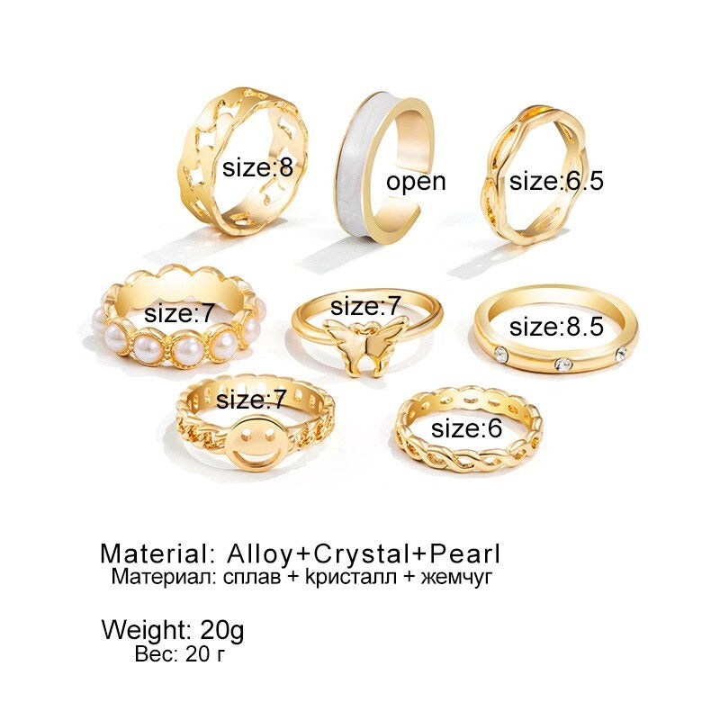 8-pcs Set of Pearl Rings for Women Retro Butterfly Smiley Rings Set - Zi Collection Hub