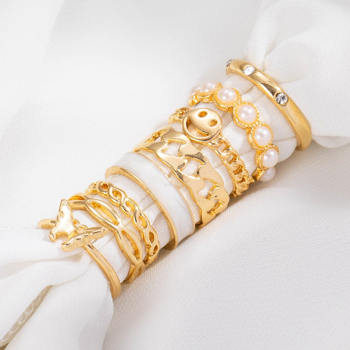 8-pcs Set of Pearl Rings for Women Retro Butterfly Smiley Rings Set - Zi Collection Hub