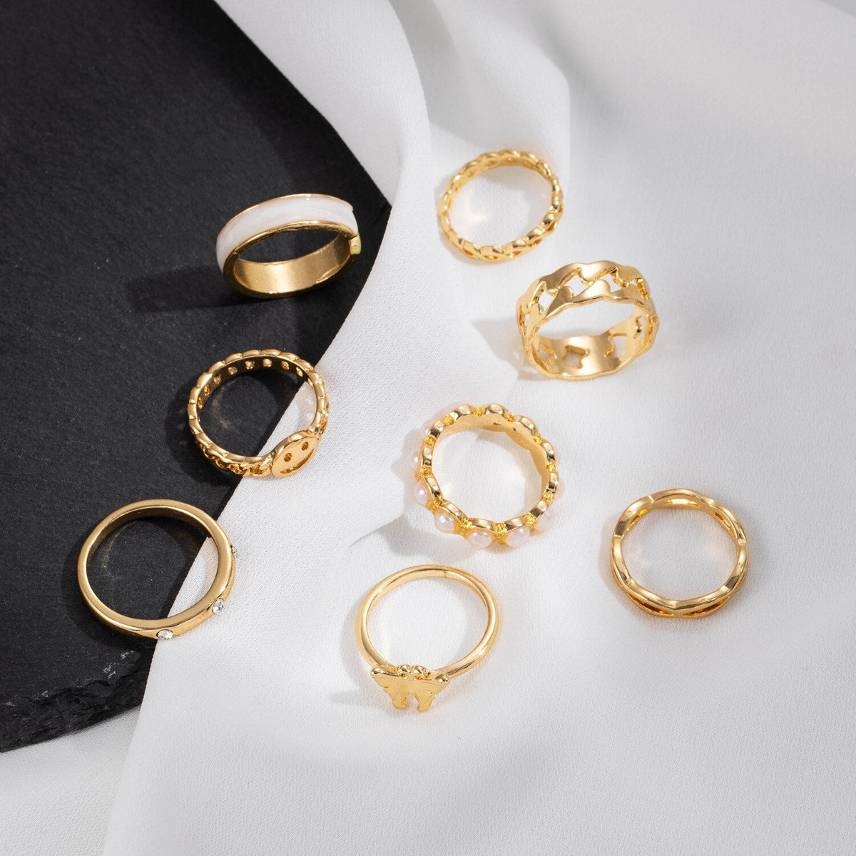8-pcs Set of Pearl Rings for Women Retro Butterfly Smiley Rings Set - Zi Collection Hub