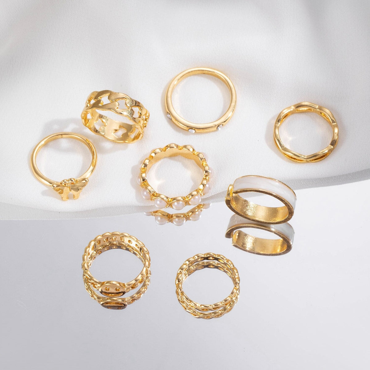 8-pcs Set of Pearl Rings for Women Retro Butterfly Smiley Rings Set - Zi Collection Hub