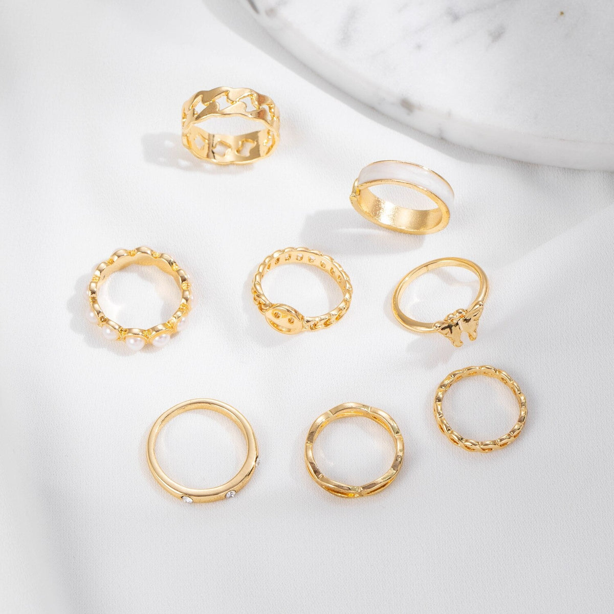 8-pcs Set of Pearl Rings for Women Retro Butterfly Smiley Rings Set - Zi Collection Hub