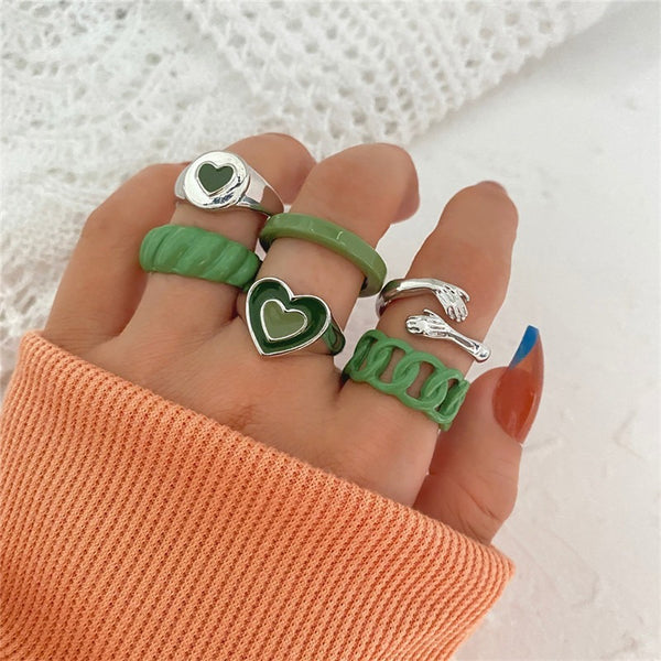 6pcs Green Spray Love Hug Ring Set