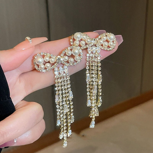 Pearl Bowknot Crystal Tassel Long Earrings - Zi Collection Hub