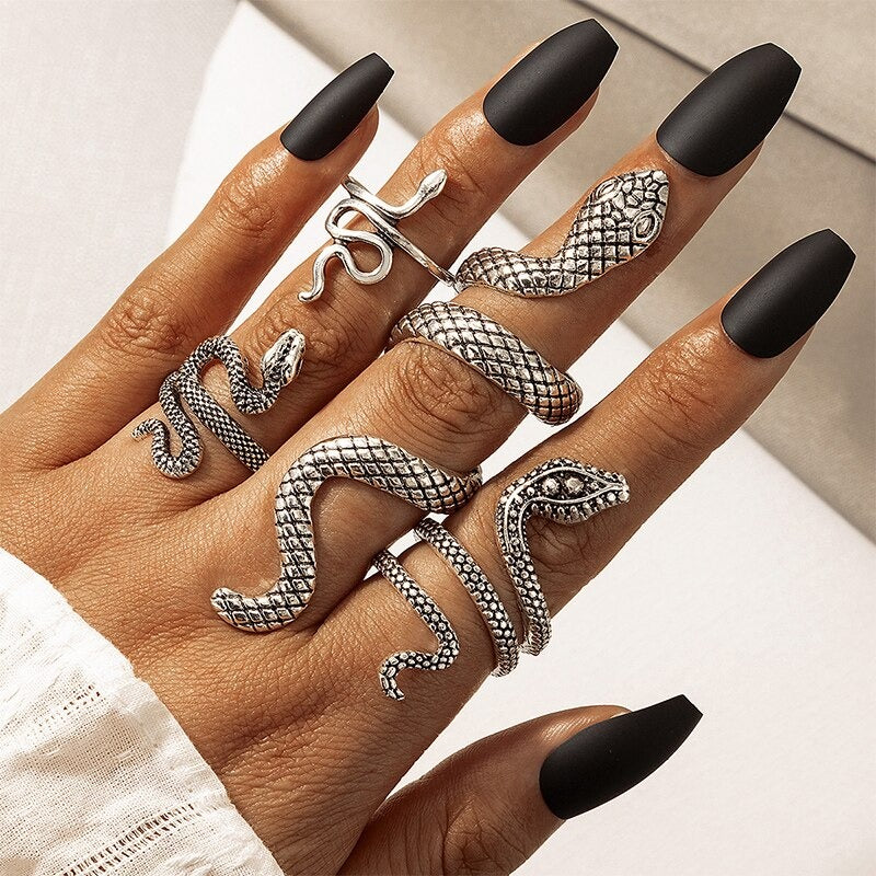 4pcs/set Vintage Silver Color Geometry Metal Alloy Finger Ring Snake - Zi Collection Hub
