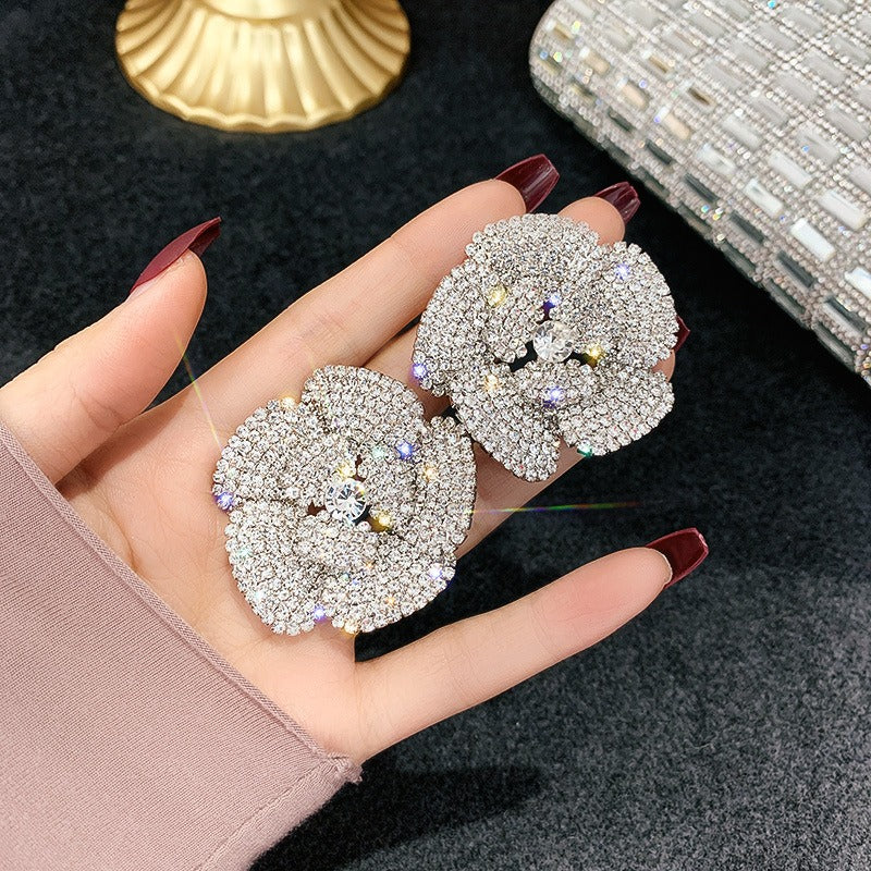 Oversize Full Rhinestone Rose Petal Earrings