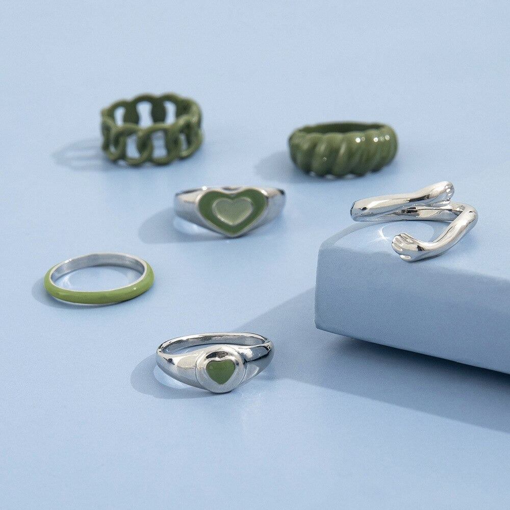 6pcs Green Spray Love Hug Ring Set - Zi Collection Hub