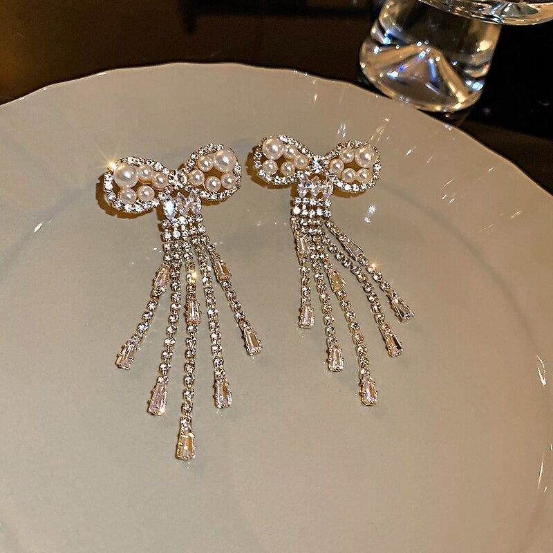 Pearl Bowknot Crystal Tassel Long Earrings - Zi Collection Hub