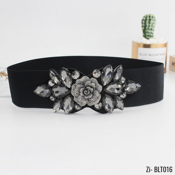 Rose Flower Rhinestone Inlaid Elastic Belt Ladies Black Corset Girdle - Zi Collection Hub