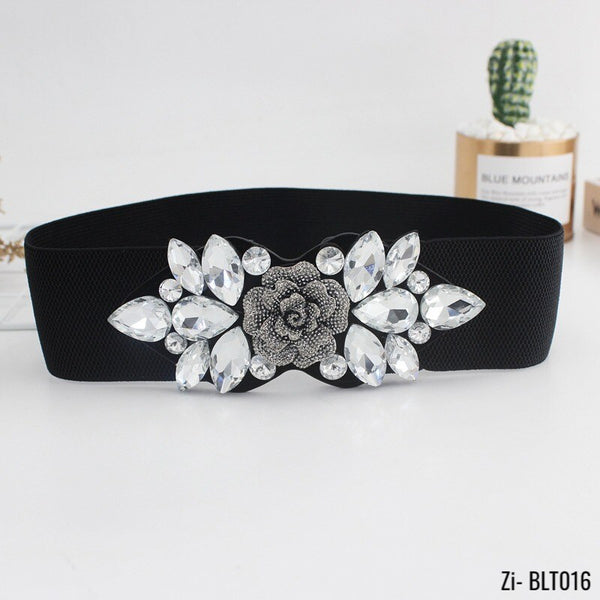 Rose Flower Rhinestone Inlaid Elastic Belt Ladies Black Corset Girdle - Zi Collection Hub