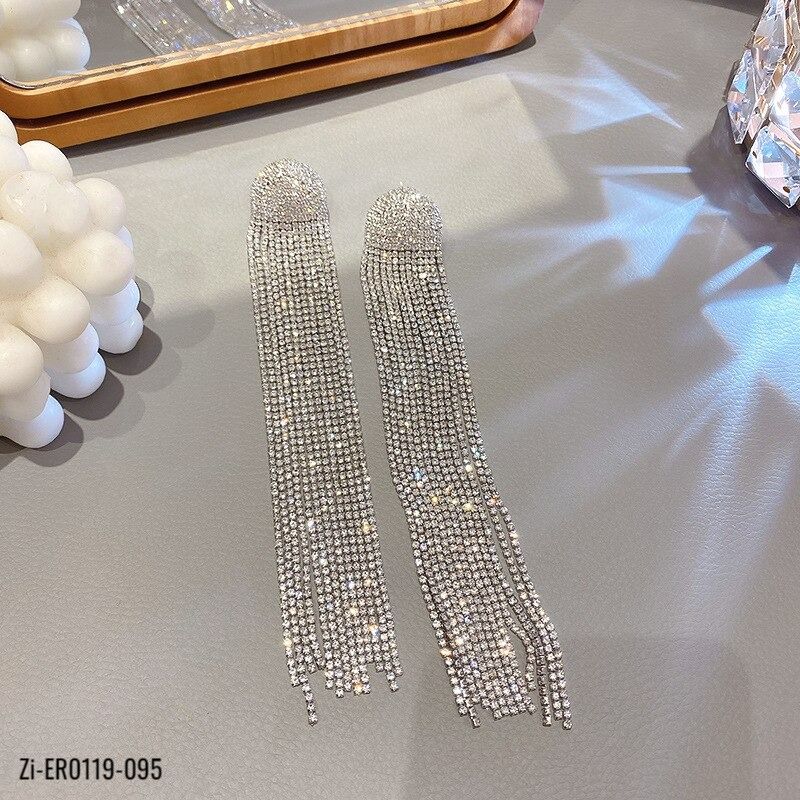 S925 Needle Hot Long Tassel Full Rhinestone Drop Earrings - Zi Collection Hub