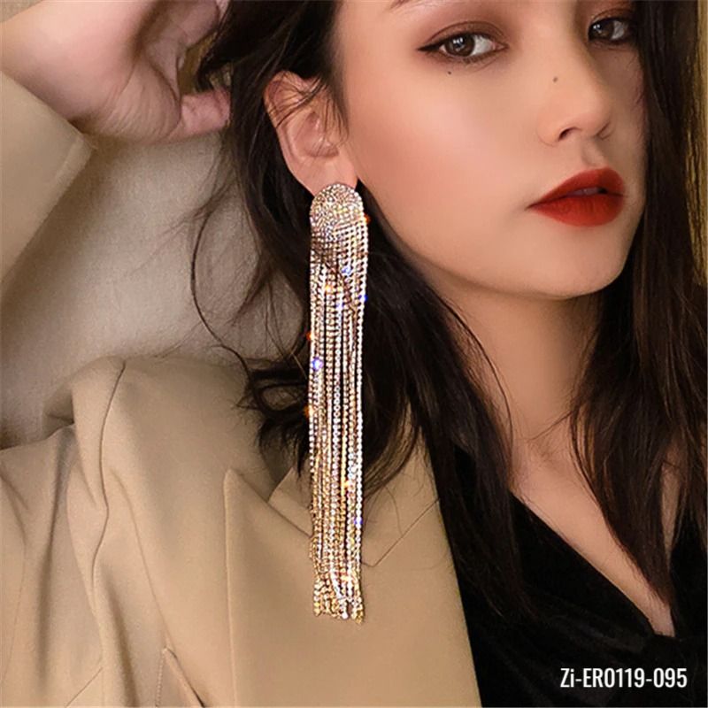 S925 Needle Hot Long Tassel Full Rhinestone Drop Earrings