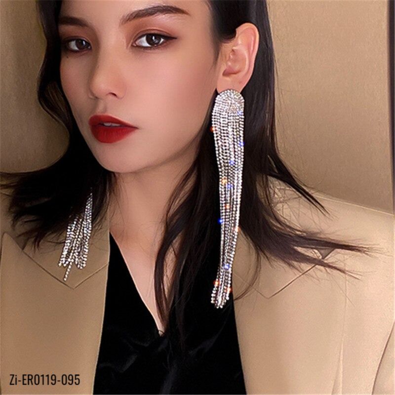 S925 Needle Hot Long Tassel Full Rhinestone Drop Earrings - Zi Collection Hub