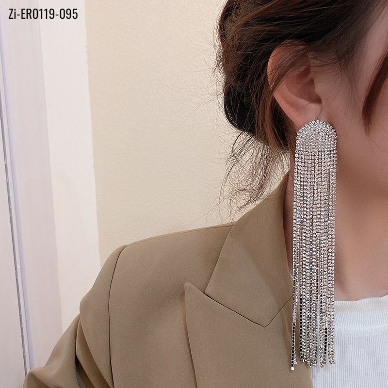 S925 Needle Hot Long Tassel Full Rhinestone Drop Earrings - Zi Collection Hub