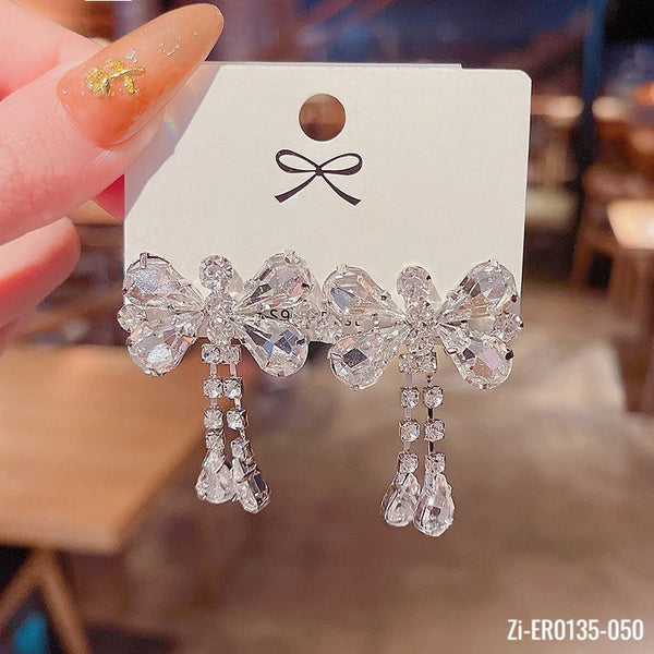 S925 Silvers Rhinestone Bow Drop Earrings