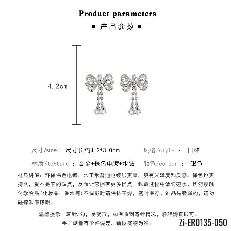 S925 Silvers Rhinestone Bow Drop Earrings - Zi Collection Hub