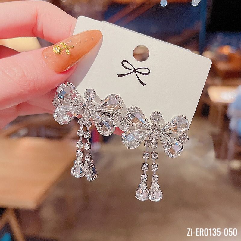 S925 Silvers Rhinestone Bow Drop Earrings - Zi Collection Hub