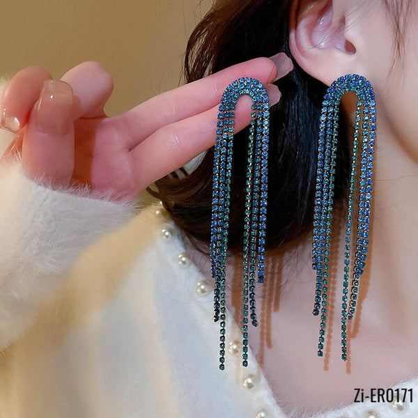 Blue Crystal Tassel Long Tassel Earrings - Zi Collection Hub