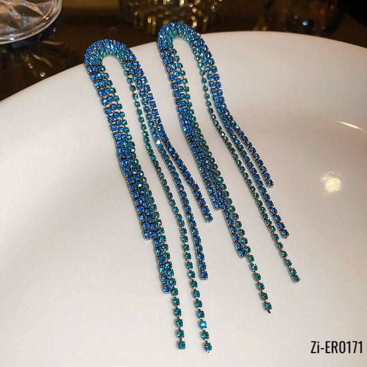 Blue Crystal Tassel Long Tassel Earrings - Zi Collection Hub