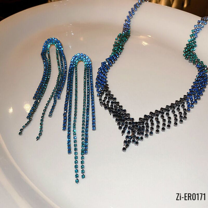 Blue Crystal Tassel Long Tassel Earrings - Zi Collection Hub
