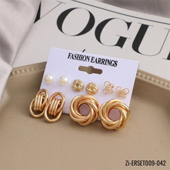 6 Pair Vintage Geometric Gold Metal Earrings Set