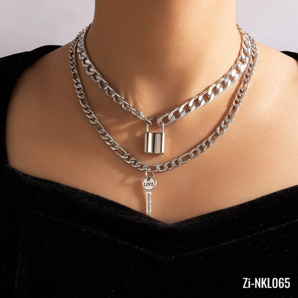 Metal Chain Lock Key Two-Piece Necklaces Letter LOVE Clavicle Chain - Zi Collection Hub