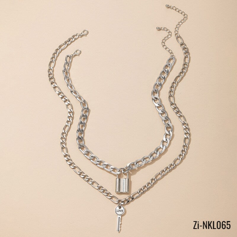 Metal Chain Lock Key Two-Piece Necklaces Letter LOVE Clavicle Chain - Zi Collection Hub