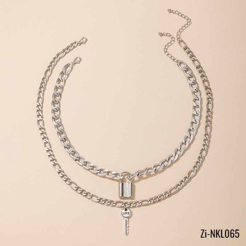 Metal Chain Lock Key Two-Piece Necklaces Letter LOVE Clavicle Chain - Zi Collection Hub