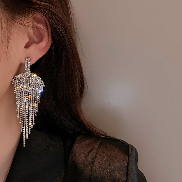 925 Silver Needle Diamond Leaf Tassel Earrings - Zi Collection Hub