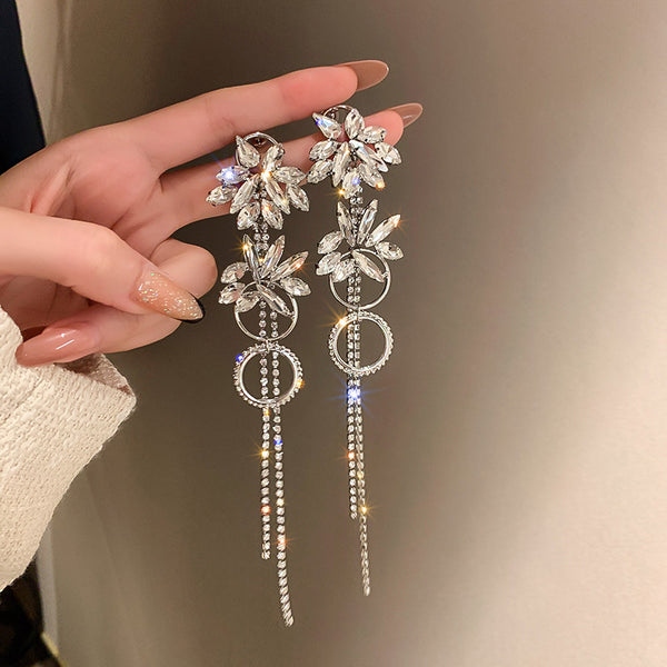925 Silver Needle Diamond Flower Tassel Earrings - Zi Collection Hub