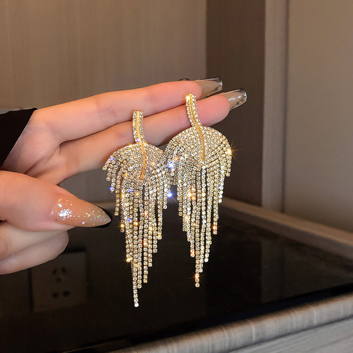 925 Silver Needle Diamond Leaf Tassel Earrings - Zi Collection Hub