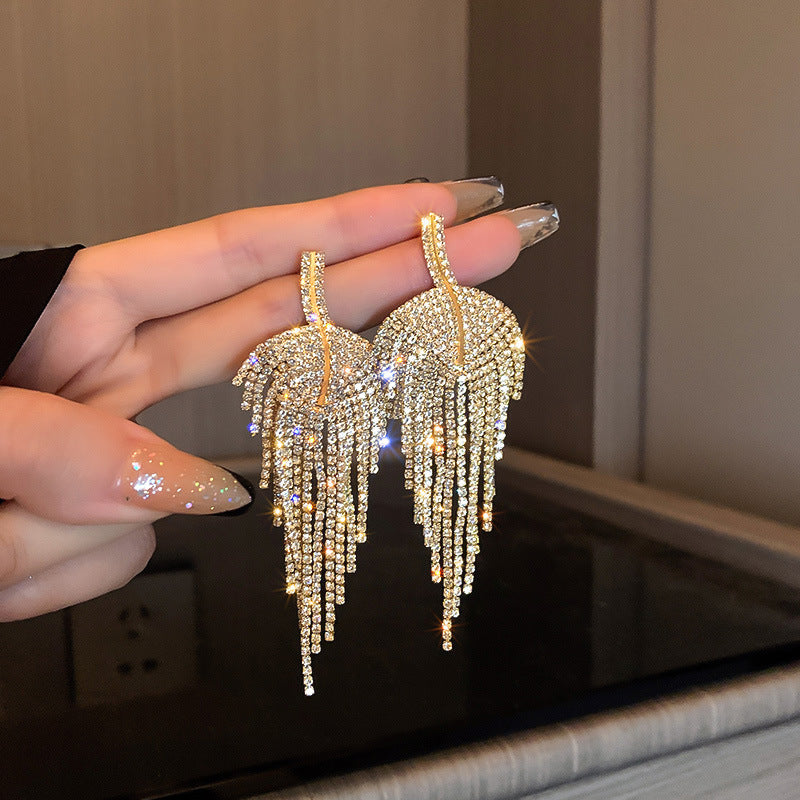 925 Silver Needle Diamond Leaf Tassel Earrings - Zi Collection Hub