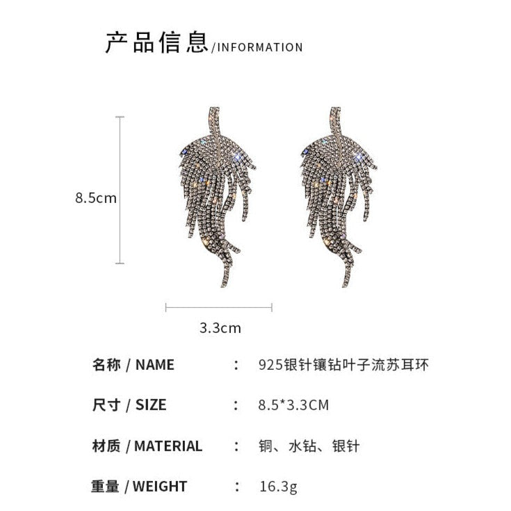 925 Silver Needle Diamond Leaf Tassel Earrings - Zi Collection Hub