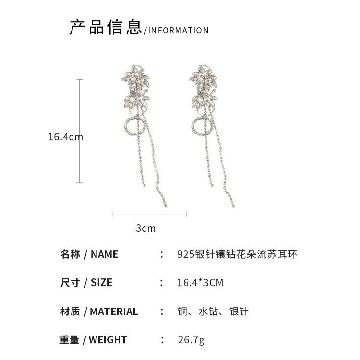 925 Silver Needle Diamond Flower Tassel Earrings - Zi Collection Hub